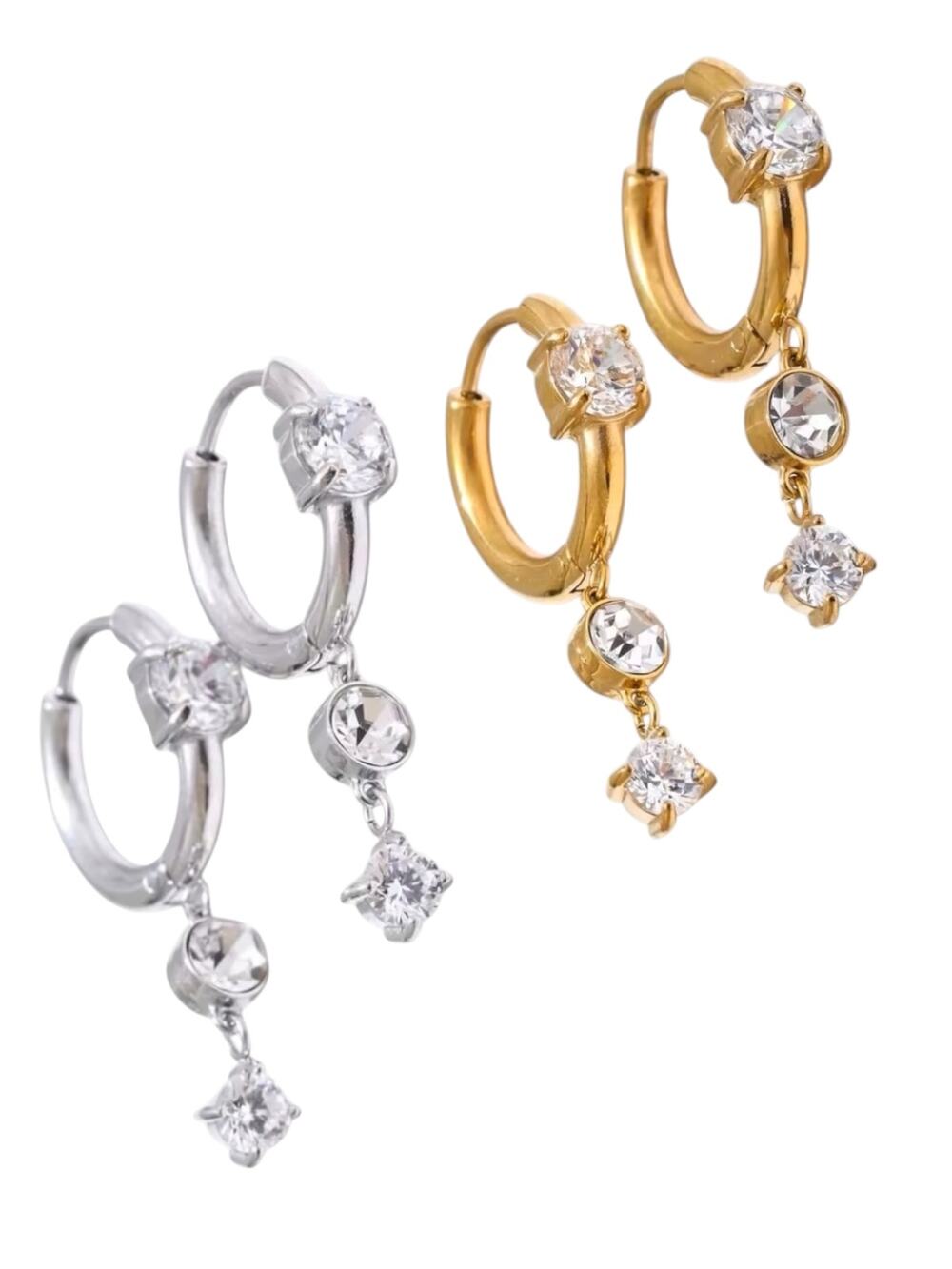 The Lumière 18K PVD Gold CZ Crystal Drop Huggie Hoop Earrings Stainless Steel